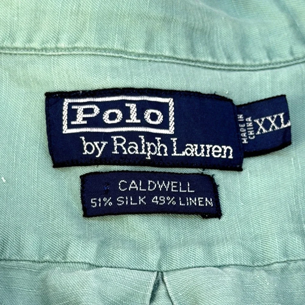 Vintage‎ Polo Ralph Lauren Caldwell Shirt Men's Linen Silk Loop Collar Blue XXL